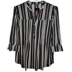 NWT Cocomo Size XL Black & Tan Studded Stripe Print Pintuck 3/4 Sleeve Top